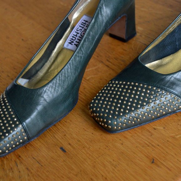 Nearly New Timothy Hitman Green Leather & Gold Dotted Metal Cap Toe VINTAGE 80s - Picture 4 of 8
